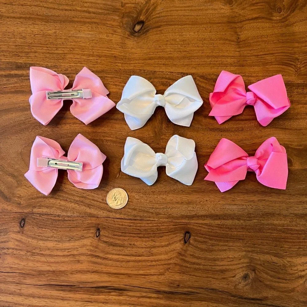 Grosgrain Ribbon Pink & White Bow x6 Bundle G
